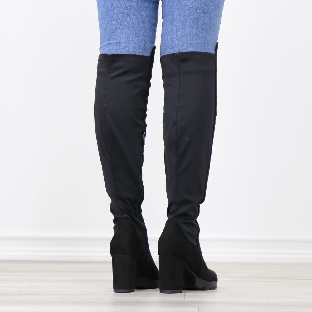 Black Faux Suede Round Toe Thigh High Over The Knee Lug Block Heel Boots - Picture 9 of 14